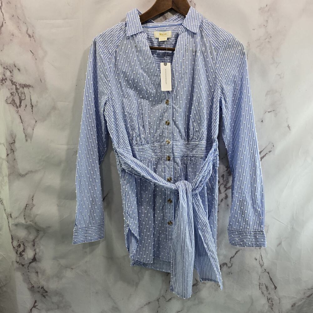 Maeve Shirt Womens 6 Small Blue White Button Tie Waist Clip Swiss Dot